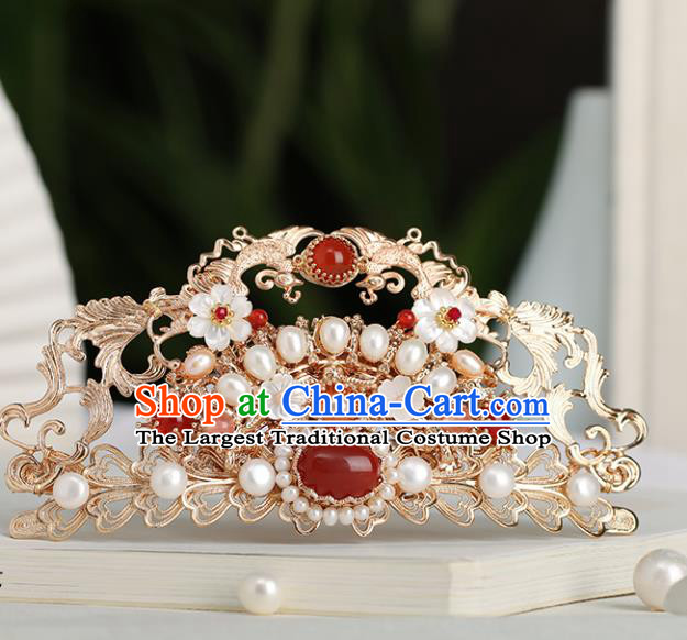 Chinese Classical Palace Pearls Hair Crown Handmade Hanfu Hair Accessories Ancient Tang Dynasty Princess Agate Golden Hairpins