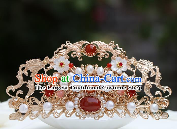 Chinese Classical Palace Pearls Hair Crown Handmade Hanfu Hair Accessories Ancient Tang Dynasty Princess Agate Golden Hairpins