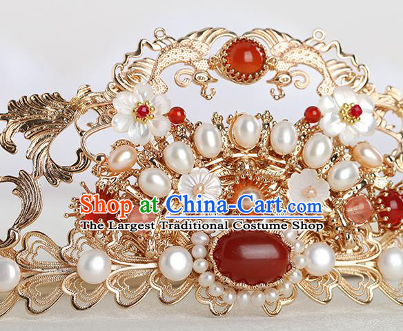 Chinese Classical Palace Pearls Hair Crown Handmade Hanfu Hair Accessories Ancient Tang Dynasty Princess Agate Golden Hairpins