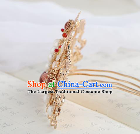 Chinese Classical Palace Pearls Hair Crown Handmade Hanfu Hair Accessories Ancient Tang Dynasty Princess Agate Golden Hairpins