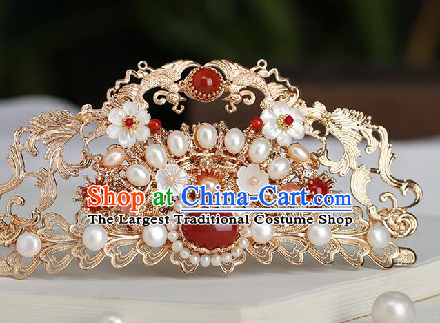 Chinese Classical Palace Pearls Hair Crown Handmade Hanfu Hair Accessories Ancient Tang Dynasty Princess Agate Golden Hairpins