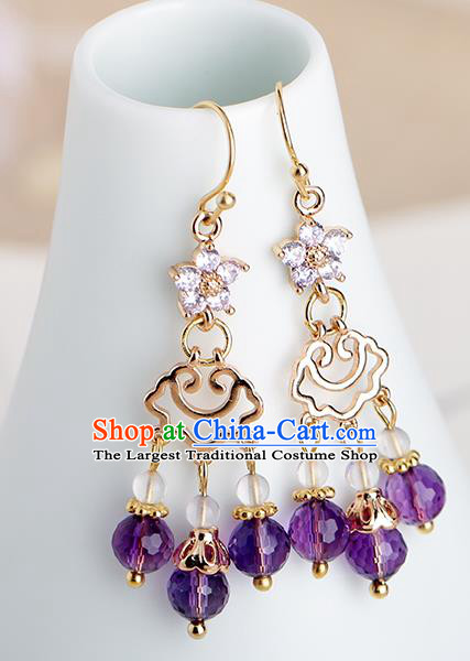 Chinese Handmade Purple Crystal Earrings Classical Ear Accessories Hanfu Qing Dynasty Princess Beads Eardrop
