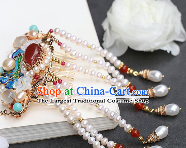 Chinese Classical Palace Blueing Peony Hair Crown Handmade Hanfu Hair Accessories Ancient Qing Dynasty Princess Beads Tassel Hairpins