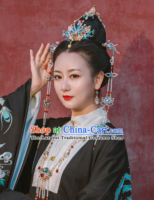 Chinese Classical Palace Phoenix Tassel Hair Stick Handmade Hanfu Hair Accessories Ancient Ming Dynasty Empress Blueing Lotus Hairpins