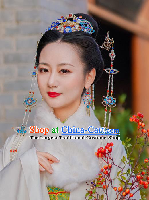 Chinese Classical Palace Phoenix Tassel Hair Stick Handmade Hanfu Hair Accessories Ancient Ming Dynasty Empress Blueing Lotus Hairpins