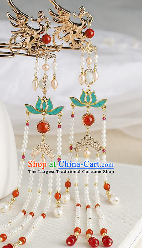 Chinese Classical Palace Agate Tassel Hair Stick Handmade Hanfu Hair Accessories Ancient Ming Dynasty Empress Phoenix Hairpins