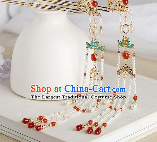 Chinese Classical Palace Agate Tassel Hair Stick Handmade Hanfu Hair Accessories Ancient Ming Dynasty Empress Phoenix Hairpins