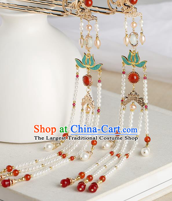 Chinese Classical Palace Agate Tassel Hair Stick Handmade Hanfu Hair Accessories Ancient Ming Dynasty Empress Phoenix Hairpins