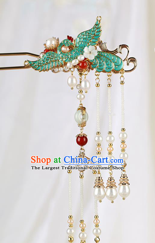 Chinese Classical Palace Blueing Crane Hair Stick Handmade Hanfu Hair Accessories Ancient Ming Dynasty Empress Pearls Tassel Hairpins