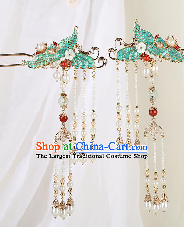 Chinese Classical Palace Blueing Crane Hair Stick Handmade Hanfu Hair Accessories Ancient Ming Dynasty Empress Pearls Tassel Hairpins