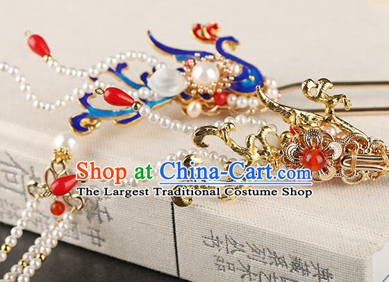 Chinese Classical Palace Blueing Phoenix Hair Stick Handmade Hanfu Hair Accessories Ancient Qing Dynasty Princess Pearls Tassel Hairpins