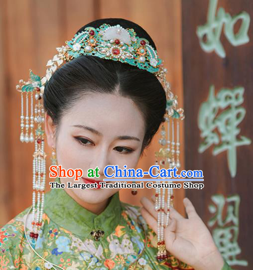 Chinese Classical Palace Pearls Jade Hair Comb Handmade Hanfu Hair Accessories Ancient Ming Dynasty Empress Blueing Hairpins