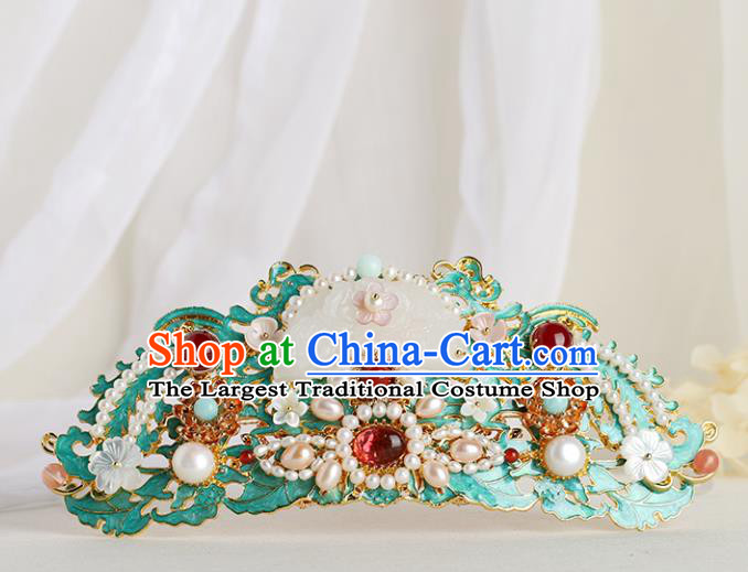 Chinese Classical Palace Pearls Jade Hair Comb Handmade Hanfu Hair Accessories Ancient Ming Dynasty Empress Blueing Hairpins