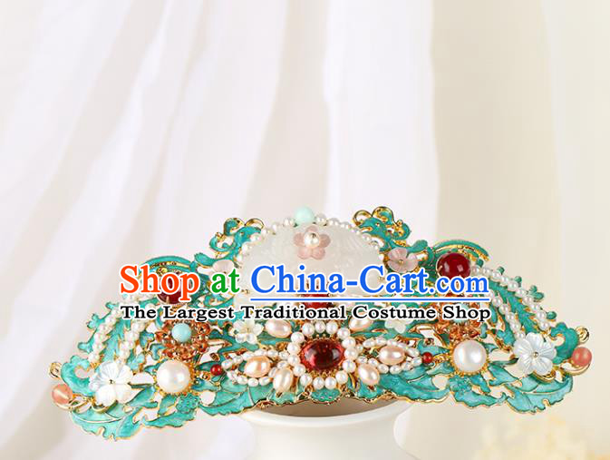 Chinese Classical Palace Pearls Jade Hair Comb Handmade Hanfu Hair Accessories Ancient Ming Dynasty Empress Blueing Hairpins