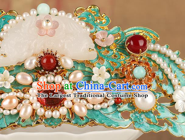 Chinese Classical Palace Pearls Jade Hair Comb Handmade Hanfu Hair Accessories Ancient Ming Dynasty Empress Blueing Hairpins