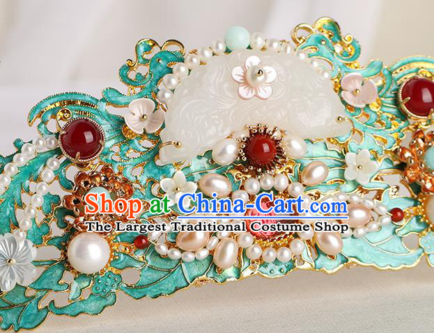 Chinese Classical Palace Pearls Jade Hair Comb Handmade Hanfu Hair Accessories Ancient Ming Dynasty Empress Blueing Hairpins