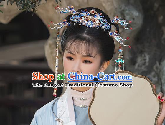 Chinese Classical Palace Pearls Hair Stick Handmade Hanfu Hair Accessories Ancient Qing Dynasty Princess Blueing Phoenix Hairpins
