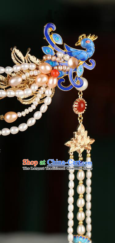 Chinese Classical Palace Pearls Hair Stick Handmade Hanfu Hair Accessories Ancient Qing Dynasty Princess Blueing Phoenix Hairpins
