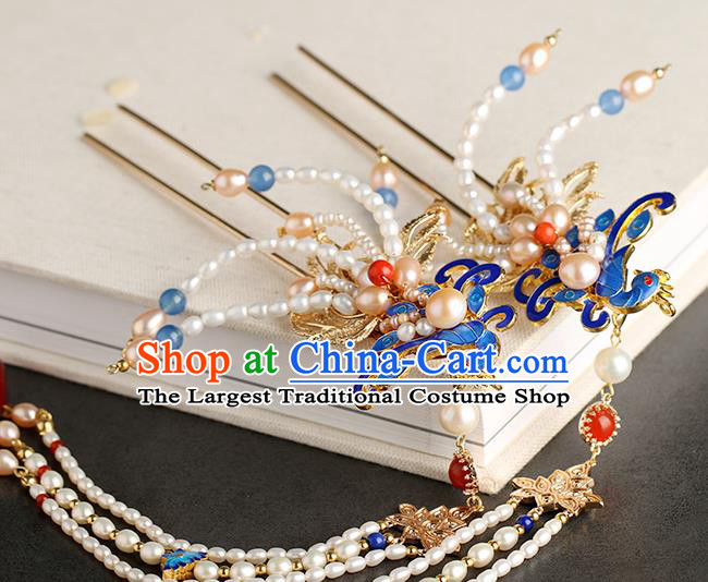 Chinese Classical Palace Pearls Hair Stick Handmade Hanfu Hair Accessories Ancient Qing Dynasty Princess Blueing Phoenix Hairpins