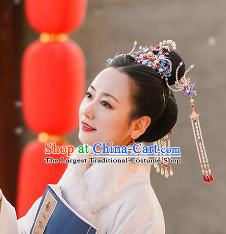 Chinese Classical Palace Pearls Hair Stick Handmade Hanfu Hair Accessories Ancient Qing Dynasty Princess Blueing Phoenix Hairpins