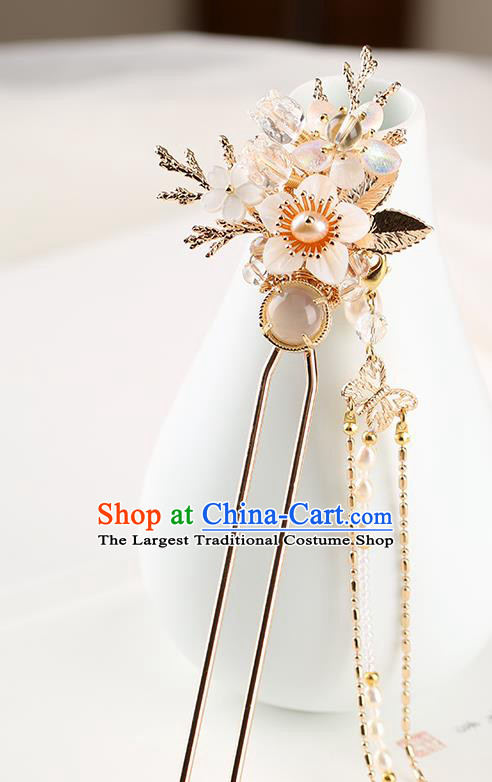 Chinese Classical Palace Chalcedony Hair Stick Handmade Hanfu Hair Accessories Ancient Ming Dynasty Empress Golden Tassel Hairpins