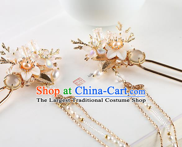 Chinese Classical Palace Chalcedony Hair Stick Handmade Hanfu Hair Accessories Ancient Ming Dynasty Empress Golden Tassel Hairpins