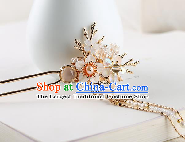 Chinese Classical Palace Chalcedony Hair Stick Handmade Hanfu Hair Accessories Ancient Ming Dynasty Empress Golden Tassel Hairpins