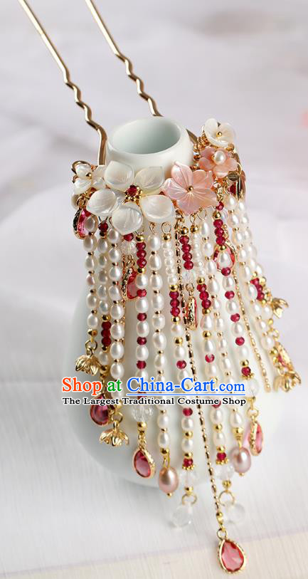 Chinese Classical Palace Pink Crystal Pearls Tassel Hair Stick Handmade Hanfu Hair Accessories Ancient Ming Dynasty Empress Hairpins