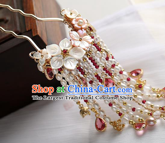 Chinese Classical Palace Pink Crystal Pearls Tassel Hair Stick Handmade Hanfu Hair Accessories Ancient Ming Dynasty Empress Hairpins