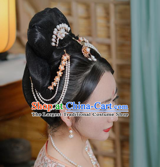 Chinese Classical Palace Pearls Hair Stick Handmade Hanfu Hair Accessories Ancient Tang Dynasty Empress Hairpins Hair Clasp