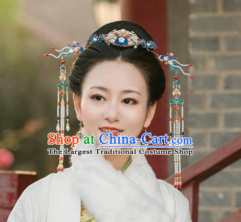 Chinese Classical Palace Blueing Peony Hair Crown Handmade Hanfu Hair Accessories Ancient Qing Dynasty Princess Agate Pearls Hairpins