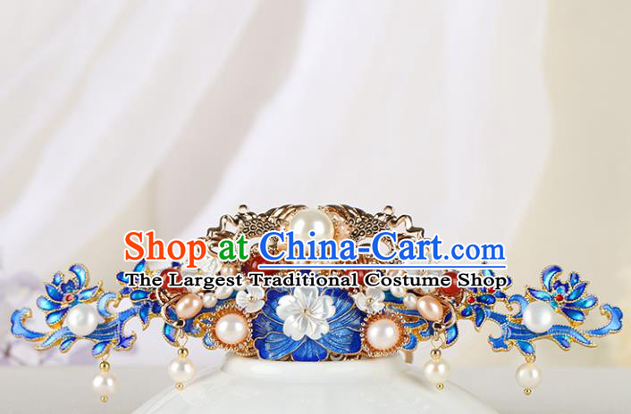 Chinese Classical Palace Blueing Peony Hair Crown Handmade Hanfu Hair Accessories Ancient Qing Dynasty Princess Agate Pearls Hairpins