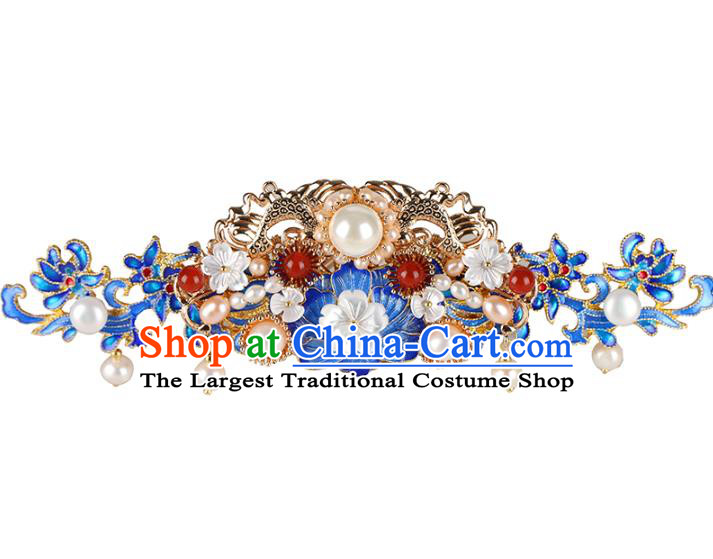 Chinese Classical Palace Blueing Peony Hair Crown Handmade Hanfu Hair Accessories Ancient Qing Dynasty Princess Agate Pearls Hairpins