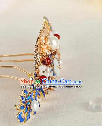 Chinese Classical Palace Blueing Peony Hair Crown Handmade Hanfu Hair Accessories Ancient Qing Dynasty Princess Agate Pearls Hairpins