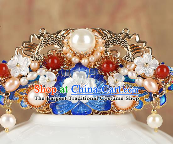 Chinese Classical Palace Blueing Peony Hair Crown Handmade Hanfu Hair Accessories Ancient Qing Dynasty Princess Agate Pearls Hairpins