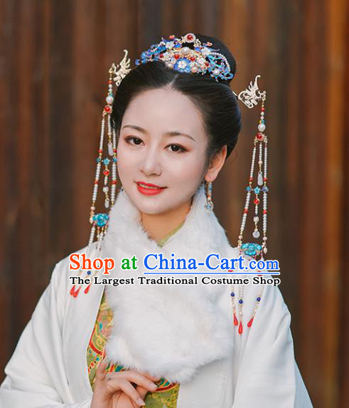 Chinese Classical Palace Phoenix Tassel Hair Stick Handmade Hanfu Hair Accessories Ancient Ming Dynasty Empress Pearls Hairpins