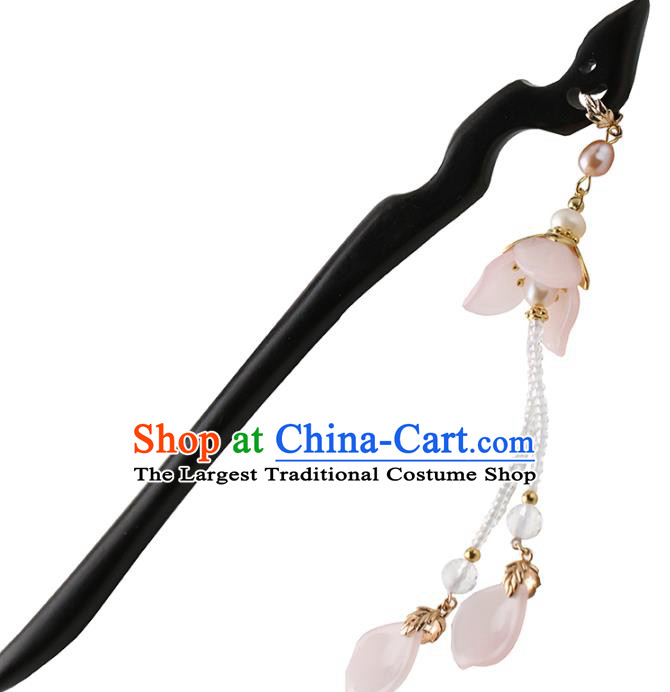 Chinese Classical Palace Pink Flower Tassel Hair Stick Handmade Hanfu Hair Accessories Ancient Ming Dynasty Empress Ebony Hairpins