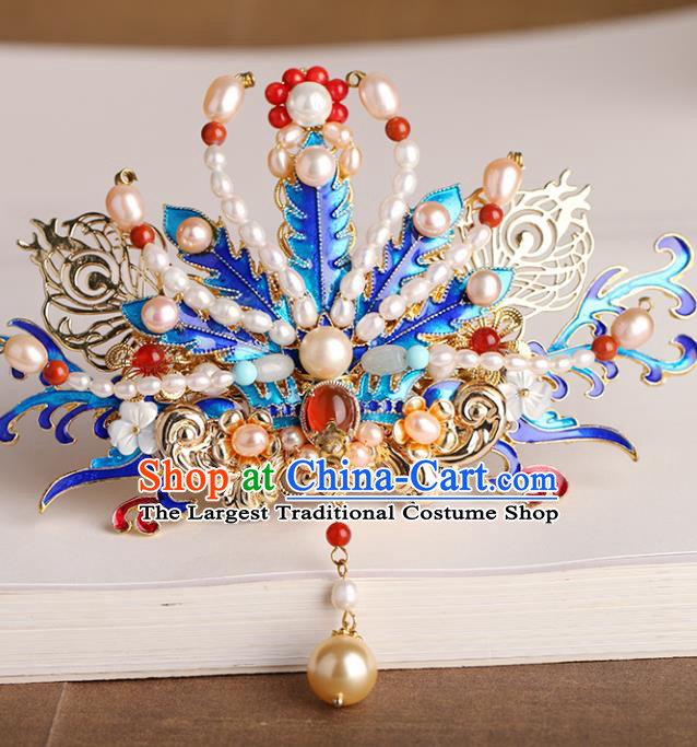 Chinese Classical Palace Blueing Phoenix Hair Crown Handmade Hanfu Hair Accessories Ancient Ming Dynasty Empress Gems Pearls Hairpins