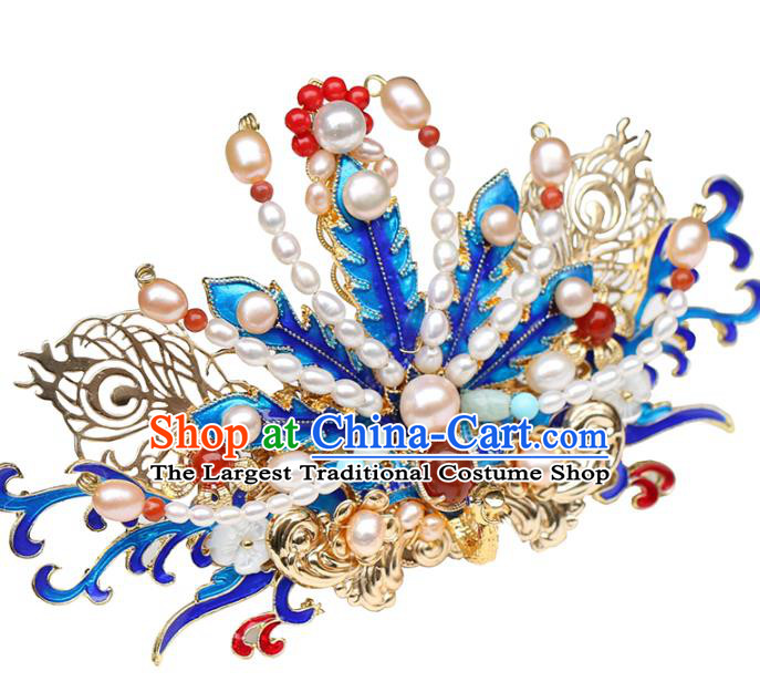Chinese Classical Palace Blueing Phoenix Hair Crown Handmade Hanfu Hair Accessories Ancient Ming Dynasty Empress Gems Pearls Hairpins