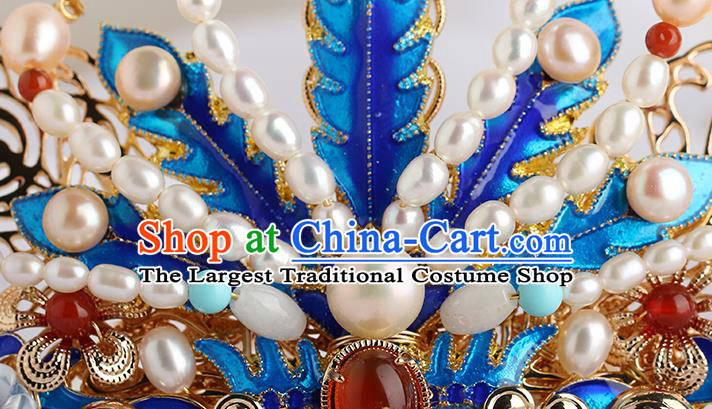 Chinese Classical Palace Blueing Phoenix Hair Crown Handmade Hanfu Hair Accessories Ancient Ming Dynasty Empress Gems Pearls Hairpins
