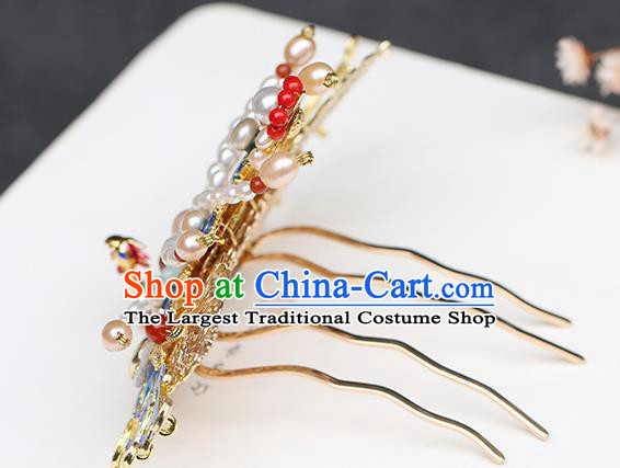 Chinese Classical Palace Blueing Phoenix Hair Crown Handmade Hanfu Hair Accessories Ancient Ming Dynasty Empress Gems Pearls Hairpins