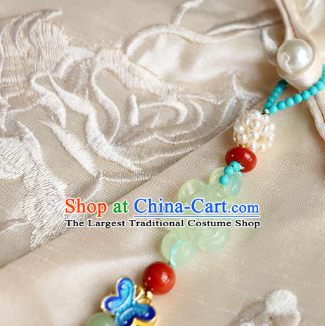 Chinese Handmade Classical Blueing Butterfly Pendant Jewelry Accessories Ancient Ming Dynasty Hanfu Jade Pearls Tassel Brooch for Women