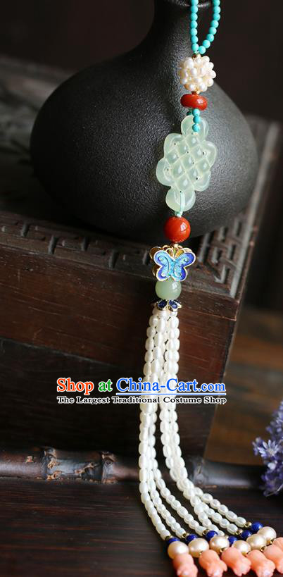 Chinese Handmade Classical Blueing Butterfly Pendant Jewelry Accessories Ancient Ming Dynasty Hanfu Jade Pearls Tassel Brooch for Women