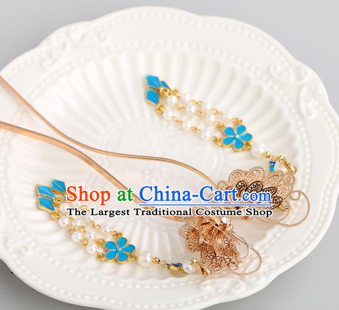 Chinese Classical Palace Golden Butterfly Hair Stick Handmade Hanfu Hair Accessories Ancient Ming Dynasty Princess Tassel Hairpins