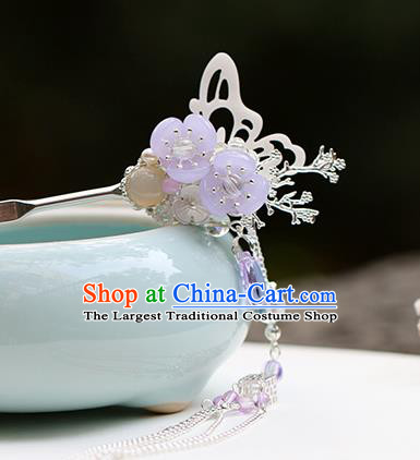Chinese Classical Palace Purple Plum Hair Stick Handmade Hanfu Hair Accessories Ancient Ming Dynasty Princess Argent Tassel Hairpins