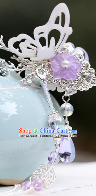 Chinese Classical Palace Purple Plum Hair Stick Handmade Hanfu Hair Accessories Ancient Ming Dynasty Princess Argent Tassel Hairpins
