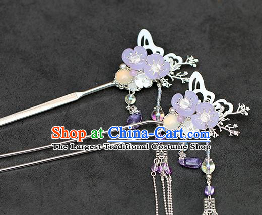 Chinese Classical Palace Purple Plum Hair Stick Handmade Hanfu Hair Accessories Ancient Ming Dynasty Princess Argent Tassel Hairpins