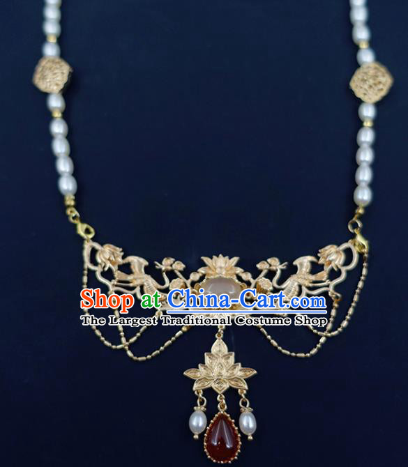 Chinese Handmade Hanfu Agate Necklet Classical Jewelry Accessories Ancient Ming Dynasty Princess Pearls Necklace for Women