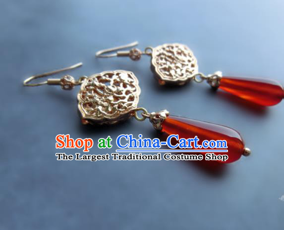 Chinese Handmade Red Agate Earrings Classical Ear Accessories Hanfu Ming Dynasty Princess Golden Eardrop