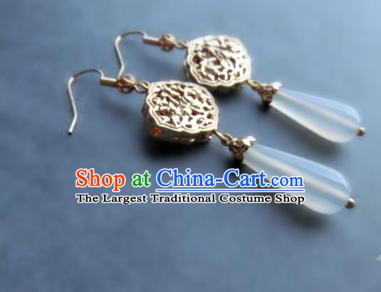Chinese Handmade White Chalcedony Earrings Classical Ear Accessories Hanfu Ming Dynasty Princess Golden Eardrop